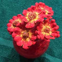 a red vase filled with flowers on top of a green towel