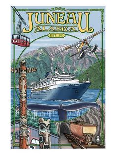 a poster with an image of a cruise ship in the water and totem poles