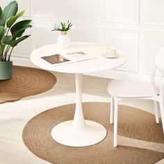 a white table with two chairs and a potted plant next to it on a rug