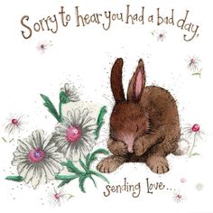 a card with an image of a bunny and flowers on it's side, says sorry to hear you had a bad day