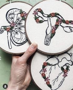 three embroidered hoops with flowers on them are being held by a person's hand