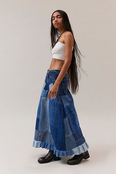 Urban Renewal Remade Denim Patchwork Maxi Skirt. Maxi denim skirt features an patchwork pattern with a ruffled hem for a femme look we love. This modern design was created by Urban Renewal from unique vintage and deadstock items found around the world. Though similar in style to what you see here, each upcycled item is one-of-a-kind and may vary from piece to piece. Features Urban Renewal Remade Denim Patchwork Maxi Skirt Denim maxi skirt features an allover patchwork design Ruffled hem for a femme look we love Urban Renewal Remade features upcycled pieces reimagined by our Urban Renewal team Updated by hand in the US, so no two are exactly alike You will receive a completely unique piece that will vary from the item pictured here Content + Care Cotton Machine wash Made in the USA Size + F Maxi Skirt Denim, Patchwork Maxi Skirt, Maxi Denim Skirt, Skirt Patterns, Skirt Denim, Denim Maxi, Skirt Patterns Sewing, Skirt Maxi, Urban Renewal