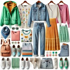 Personal color pallete "bright spring" wardrobe capsule September and October Bright Color Capsule Wardrobe, Spring Color Analysis Wardrobe, True Spring Color Palette Outfits Capsule Wardrobe, Bright Spring Color Palette Outfit, True Spring Capsule Wardrobe, Spring Palette Outfits