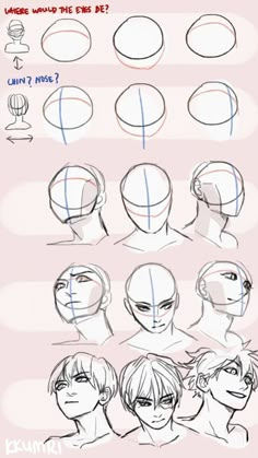 how to draw an anime character's head with different angles and hair styles for each face