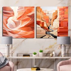 three paintings on the wall above a table in a room with two chairs and a coffee table