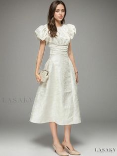 Lasaky - Delicate Floral Embroidered White Formal Gown Formal A-line Gown With Floral Embroidery, Embroidered A-line Midi Dress For Wedding, Elegant Floral Embroidered Midi Dress For Weddings, White Spring Banquet Gown, Spring White Gown For Banquet, Spring White Banquet Gown, Elegant Embroidered Wedding Midi Dress, Summer Formal Embroidered Gown, Embroidered A-line Midi Wedding Dress