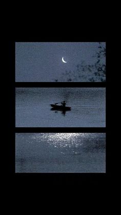 a person in a boat on the water at night with a half moon behind them