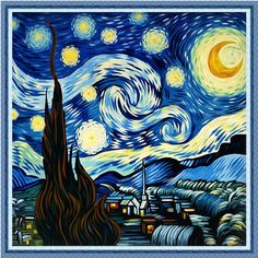 the starry night painting with blue border