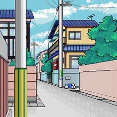 an animated city street scene with buildings and power lines