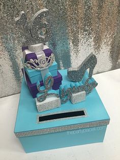 a blue box that has some shoes on it