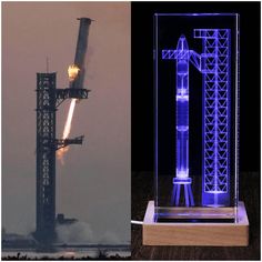 two pictures side by side, one with a rocket and the other with an object in it