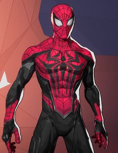 a spider man standing in front of a red and black background