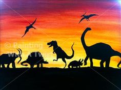 the silhouettes of dinosaurs are painted in front of an orange sunset