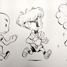 three black and white drawings of children running