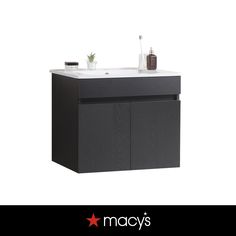 an image of a bathroom vanity with sink and cabinet in black color on white background