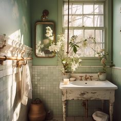 a white sink sitting under a bathroom mirror next to a window with flowers on it