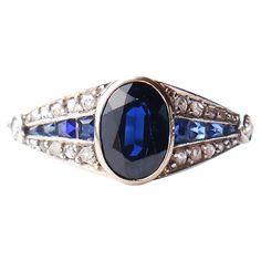 Beautiful Sapphire + Diamonds + Platinum Ring from 1900s -1920s. All metal parts of this ring are made of solid Platinum. Crown measures 19 mm x 8 mm x 4 mm. Beautifully oval cut natural Blue Sapphire stone of darker tone is 7.5 mm x 5.5 mm x 3.75 ct / 1.2 ct . There are 8 more gradually sized care cut Sapphires + two Ø 2 mm /0.03ct each old diamond cut Diamonds and 20 additional gradually sized rose cut Diamonds on the shoulders. Metal was tested solid Platinum. No clear hallmarks of maker or period. Condition is fine used. No stones missing. The Sapphire has minor wear to some facets / visible under magnification only and not noticeable to naked eye from casual distance. Size : Ø 7.25 US scale / about 17.45 mm. Sizing is possible. Weight: 3 grams. > Most of the items that we sell are not Blue Sapphire Stone, Old Rings, Platinum Diamond Rings, Photo Equipment, German Art, Ring Ideas, Deco Ring, Old Jewelry, Art Deco Diamond