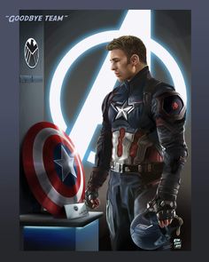 the captain is standing next to an iron - man figure in front of a poster