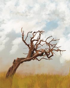 a painting of a dead tree in the middle of a grassy field with clouds overhead