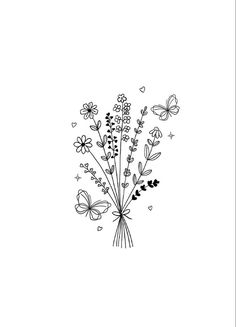 Fine Line Flower Drawings, Small Flower Doodles, Womens Tattoo Designs, Bouquet Of Flowers Drawing, Flower Butterfly Tattoo, Flower Bouquet Drawing, Bouquet Tattoo, Small Pretty Tattoos, White Drawing