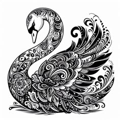 a black and white drawing of a swan with swirls on it's feathers