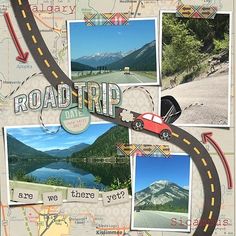 a collage of road trip images with mountains and trees