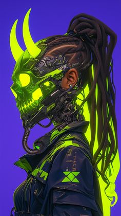 a man with dreadlocks and neon green hair wearing a skull mask on top of his head