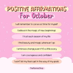 a pink poster with the words positive affirmations for october