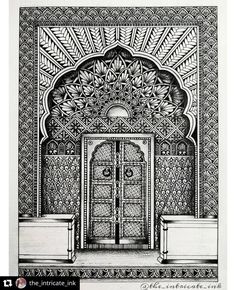 a drawing of an ornate doorway in black and white