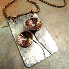 Hand Stamped Necklace with Copper Flowers and Mixed Metals - Aluminum and Copper Rivet Jewelry, Copper Flowers, Cold Connections, Fold Forming, Copper Jewellery, Emerald Rings, Metalwork Jewelry, Metalsmithing Jewelry, Gold Pendants