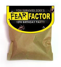 a bag of birthday party favors with the word fear factor on it's side