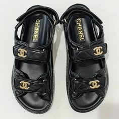 Chanel Dad Sandals - Black - Size 37.5c Brand New In Box With Dust Bags & Shoe Box Chanel Sandals Heels, Chanel Duffle Bag, Chanel Sandals Outfit, Channel Sandals, Platform Sandal Outfit, Chanel Dad Sandals, Channel Shoes, Bling Car, Dad Sandals