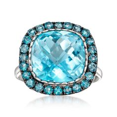 Ross-Simons - 8.90ct t. w. Sky, London Blue Topaz Ring in Silver. Size 8. Two complementing shades of blue come together in this sterling silver ring. With an icy shine, an 8.00 carat cushion-cut sky blue topaz beams from a halo of .90 ct. t. w. London blue topaz. Black rhodium. 5/8" wide. London and sky blue topaz ring. Blue Topaz birthstones are the perfect gift for December birthdays. Sky London, London Topaz Ring, Blue Topaz Pendant Necklace, Pink Topaz Ring, Sky Blue Topaz Ring, Topaz Birthstone, Blue Topaz Bracelet, London Blue Topaz Ring, Pink Topaz