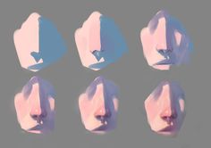 six different angles of the same object with pink and blue shapes on it, including an upside down face