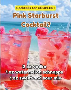 pink starburst cocktail with ice and strawberries on the beach