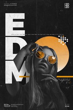 a woman wearing sunglasses with the word edm in front of her face and an orange circle