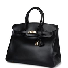 This vintage Birkin in Black box calf leather with gold hardware has tonal stitching, front flap with two straps, front toggle closure, clochette with lock and two keys, and double rolled handles The interior is lined with Black chevre and features one zip pocket with an Hermes engraved pull.Collection: F SquareOrigin: FranceCondition: Vintage; Excellent - The bags leather is slightly wavy on the top front near handles. There's partial plastic on hardware but there's light visible scratches to exposed hardware. The pull straps are a little stretched out. The exterior leather has some very light scuffing and some minor scratches to the leather. The exterior flap has some scuffing and scratches. The interior leather is clean with no signs of wear.Accompanied by: Hermes box, dustbag, clochett Hermes Birkin Bag, Black Birkin Bag, Birken Bag, Vintage Hermes Bag, Hermes Birkin 35, Vintage Hermes, Luxury Purses, Hermes Bag, Iconic Bags