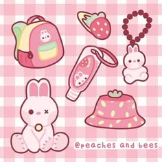 some cute items on a pink and white checkered background