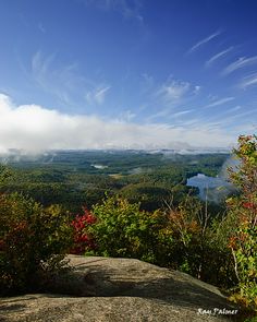 a scenic view of trees and water from the top of a hill with clouds in the sky