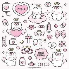 an assortment of stickers that include teddy bears, hearts and other things in pink