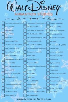 the disney animation studio checklist is shown in black and blue with stars on it