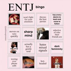 #entj #aesthetic #bingotemplate #bingo #intjwoman #intp #entp #enfp #isfj #mbti #mbtipersonalities Entj Bingo, Entp Bingo, Entj Personality Women, Entj Girl, Entp Gf, Entj Enfp