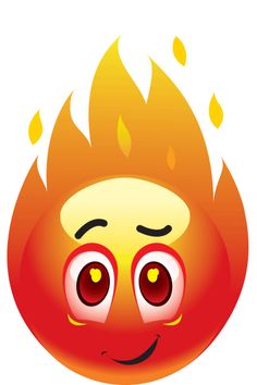 an emoticive smiley face with red eyes and yellow flames on it's forehead