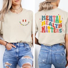 Mental Health Matters Shirt, Anxiety Shirt, Mental Health Shirt, Women Mental Health, Mental Health Awareness, Recreational Therapy Shirt,  Therapist Tee, Retro Psychologist Shirt HOW TO ORDER: 1. Please, Check and Review all Photos. (Crewneck T-Shirts Are Unisex. V-neck T-Shirts Are Women Size. Please, Check the Size Charts Before Ordering) 2. Select Your T-Shirt Size/Color and Text Color from drop down menus. 3. Choose Your Quantity as much as you want. 4. Click "Add To Cart". For multiple ite Recreational Therapy, Mental Health T Shirts, Sublimacion Ideas, Recreation Therapy, Awareness Shirt, Inspirational Shirt, Mental Health Matters, Health Matters, Health Awareness