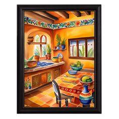 a painting of an orange kitchen with potted plants