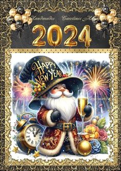 a happy new year card with a santa clause holding a glass of champagne and fireworks