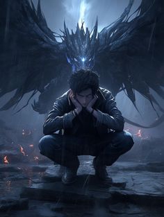 a man kneeling down in front of a large bird with wings on it's back