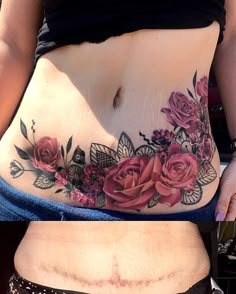 a woman's stomach with flowers on it and the bottom part of her belly