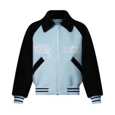 LOUIS VUITTON® - Shearling Wool Varsity Blouson - Light Blue Cotton Jackets Women, Varsity Jacket Women, Shearling Jacket Women, Off White Jacket, Puffer Jacket Men, Cafe Racer Jacket, Men's Trench Coat, Biker Jacket Men, Versace T Shirt