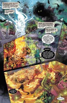 an image of a comic page with some characters in the background and one being surrounded by fire